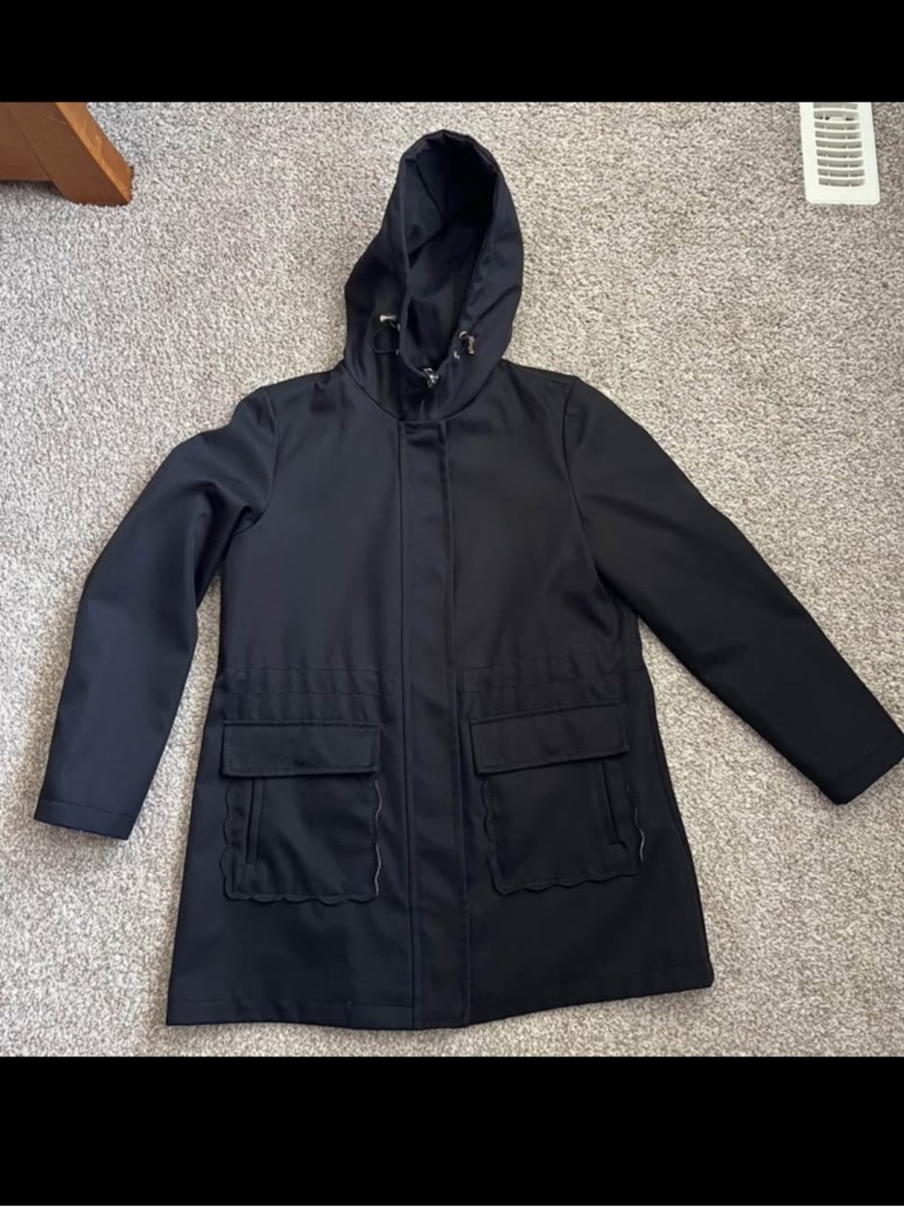 Kate Spade Black Hooded Scalloped Waterproof Trench Spring Rain Jacket Size M